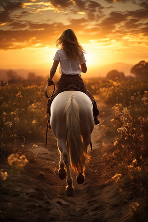 Beautiful young woman riding a white horse in a field at sunsetの素材