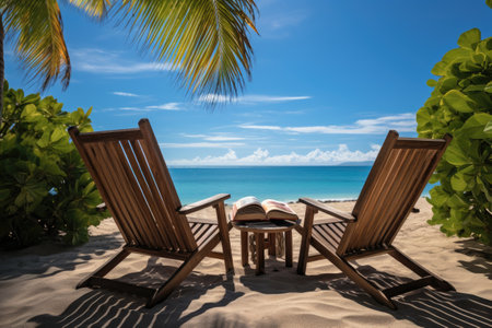 Wooden deck chairs on a tropical beach with a book in the foregroundの素材