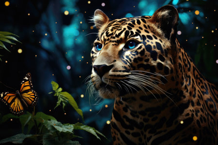 Leopard portrait with butterfly and bokeh lights in the backgroundの素材