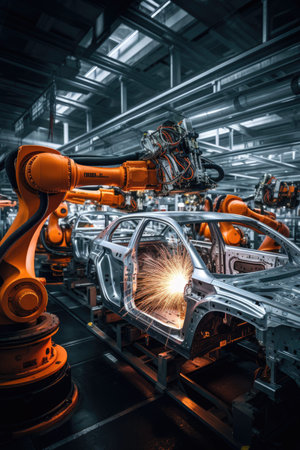 Automation manufacturing robots and automated machinery working in factory.の素材