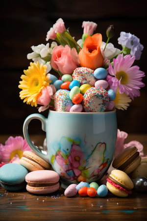 Colorful macaroons in a cup with flowers on wooden backgroundの素材