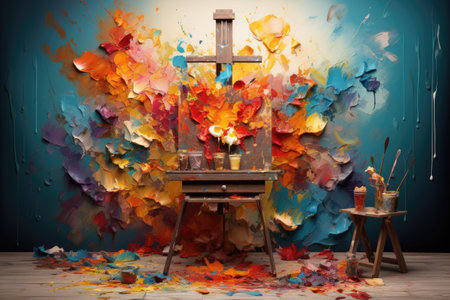 Wooden easel with paints and brushes on a colorful background.の素材