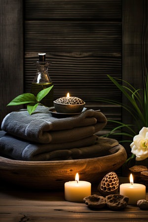 Spa still life with towels, candles and flowers on wooden backgroundの素材