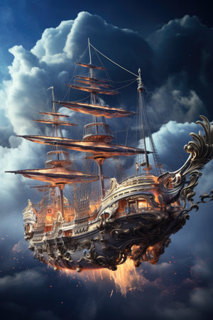 fantasy ship with fire and blue sky background.の素材