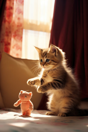Cute little kitten playing with toy bear on bed at home.の素材