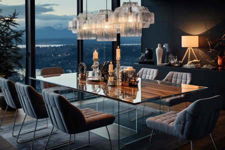 Contemporary dining room interior with furniture and city viewの素材