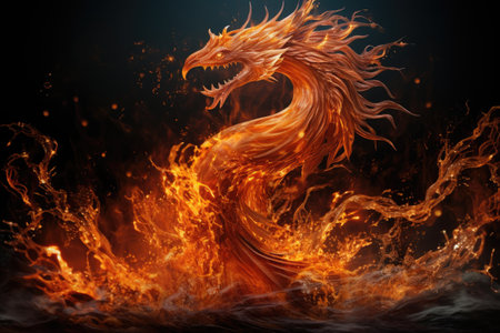 Flaming dragon on a black background. 3d rendering.の素材