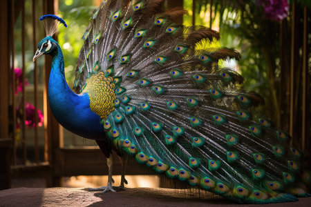Peacock with colorful feathers in the garden. Selective focus.の素材