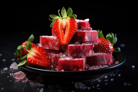 Turkish delight with fresh strawberries on a black background. Selective focus.の素材