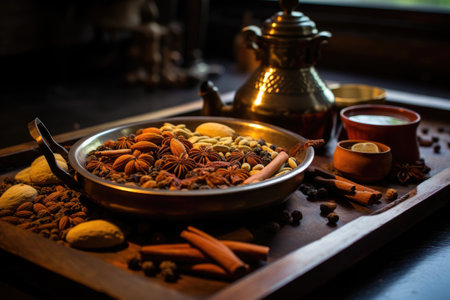 Aromatic spices and herbs in copper bowl on wooden tray.の素材