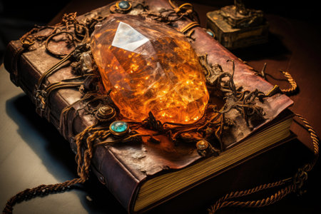 Ancient magic book with a crystal on a dark background. Selective focus.の素材