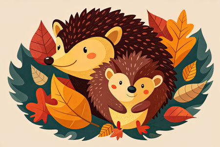 Cute hedgehog family with autumn leaves. Vector illustration in cartoon style.の素材