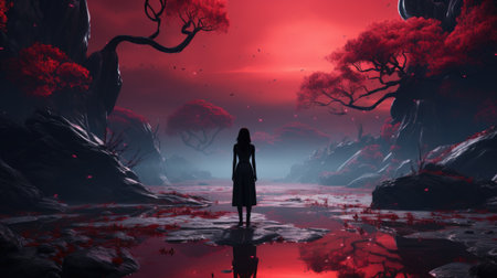 3d illustration of a woman in a dark forest with a red backgroundの素材