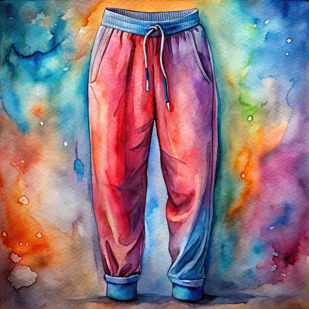 Watercolor illustration of male pants on a colorful watercolor background.の素材