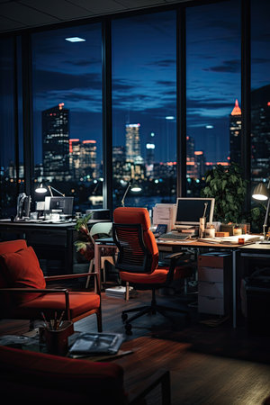 Working space in modern office with night city view on the background.の素材