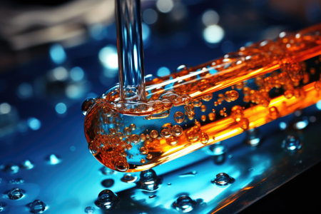 Laboratory glassware with chemical liquid, close-up, macroの素材