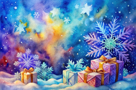 Christmas background with gift boxes and snowflakes. Watercolor paintingの素材
