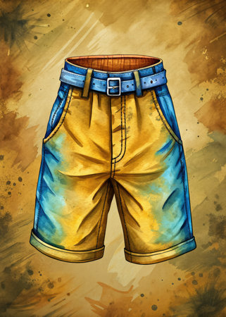 Watercolor illustration of men's shorts on a grunge background.の素材