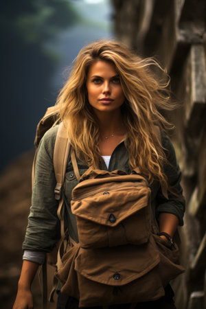 Young woman with backpack hiking in the mountains. Travel and adventure concept.の素材