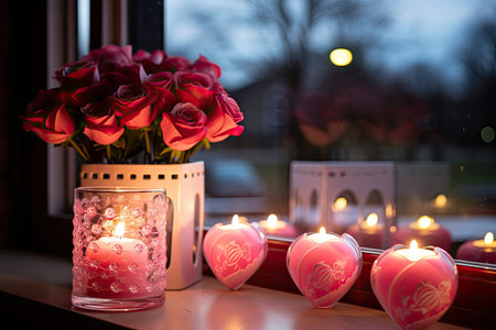 Candle and roses on a window sill. Valentine's day concept.の素材