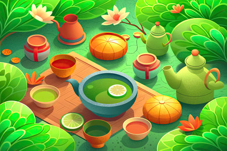 Tea ceremony background with teapot, cups and teacupsの素材