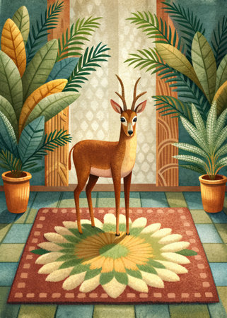 a deer in a room with tropical plants.の素材