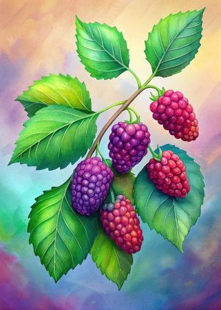 Branch of ripe mulberry with leaves.の素材