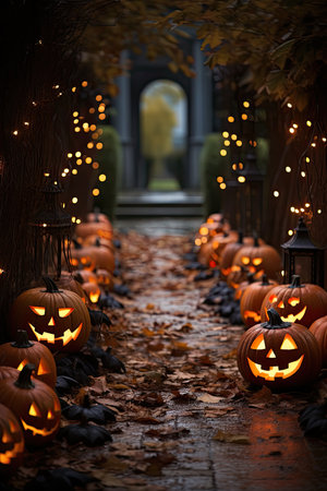 Halloween background with pumpkins and lanterns in the cemetery.の素材