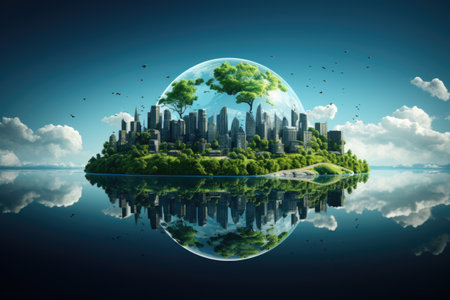 Ecology concept with green city on the background of the planet.の素材