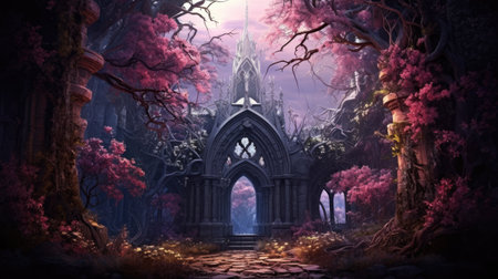 Mysterious dark forest with gothic church in the backgroundの素材