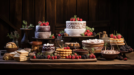 Variety of cakes with fruits and berries on a wooden background.の素材