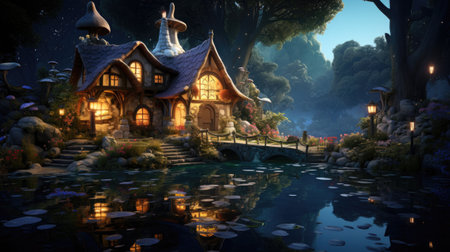 3D rendering of a fantasy fairy tale house in the forest.の素材