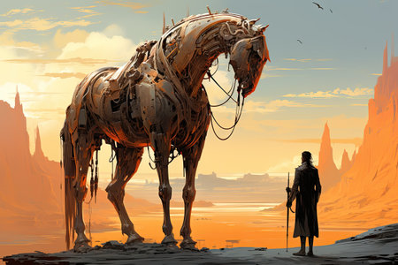 Ancient warrior with a horse in the desert. 3D rendering.の素材