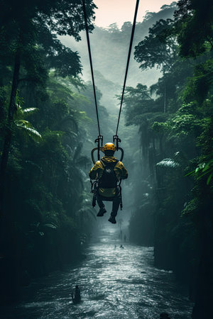 A man in a helmet and with a backpack walks along a suspension bridge over a mountain river.の素材