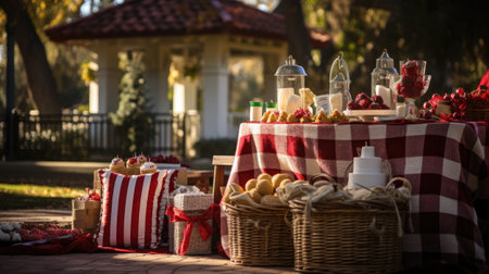 Picnic in the park. Basket with food and drink.の素材