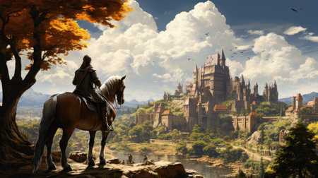 Horseman in fantasy landscape with castle and lake. 3d renderingの素材