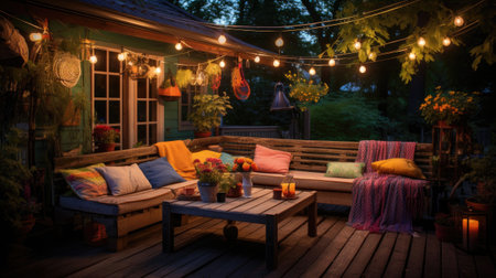 Outdoor patio in the evening with a lot of cushions and candlesの素材