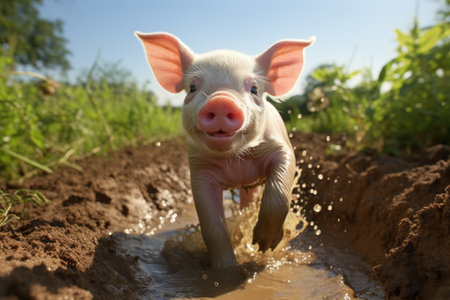 Cute little piglet standing in muddy puddle on sunny dayの素材