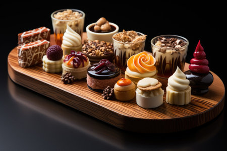 Delicious chocolate candies on a wooden board on a black backgroundの素材