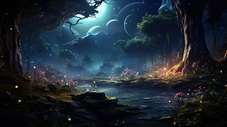 Fantasy landscape with dark forest and full moon. 3D renderingの素材