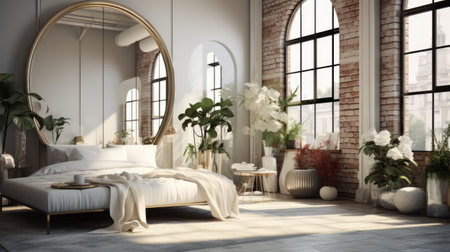 3d render of a modern bedroom with a large window and a large bedの素材