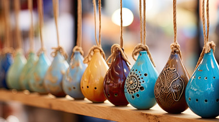 Colorful ceramic earthenware vases on shelf in marketの素材