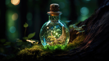 Magic potion in glass bottle on moss background. Halloween and magic conceptの素材