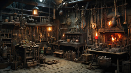 Abandoned workshop with tools and equipment for the production of leatherの素材