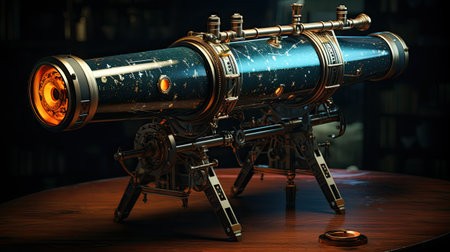 Antique telescope on the table in the dark. 3d renderingの素材