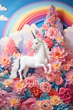 Unicorn and flowers on rainbow background, fantasy and fairy tale conceptの素材