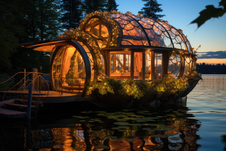 Beautiful gazebo on Lake Tahoe at sunset.の素材