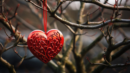 Red heart on a tree branch. Valentines day background. Love concept.の素材