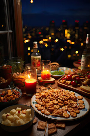 Table with snacks and wine in the evening. Selective focus.の素材