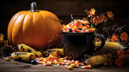Halloween still life with pumpkins and candies on wooden backgroundの素材